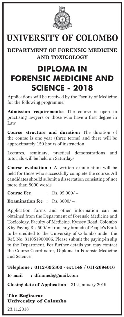 Diploma in Forensic Medicine & Science - Department of Forensic Medicine & Toxicology - University of Colombo